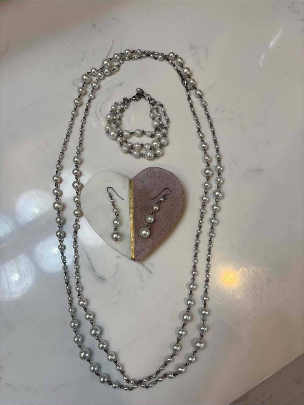 Premier Designs Silver Pearl Layered Necklace, Bracelet & Earrings Set
